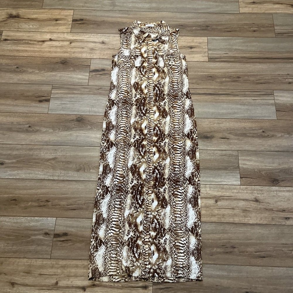 Women's Calvin Klein Maxi Dress SZ 6 Button Front Brown White Snake Print - Picture 1 of 10
